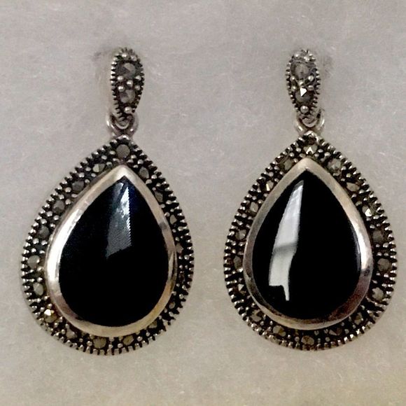 Vintage Onyx Marcasite Sterling Silver Tear Drop Shaped Earrings - Picture 3 of 8